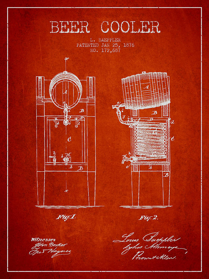 Beer Cooler Patent Drawing From 1876 - Red Digital Art
