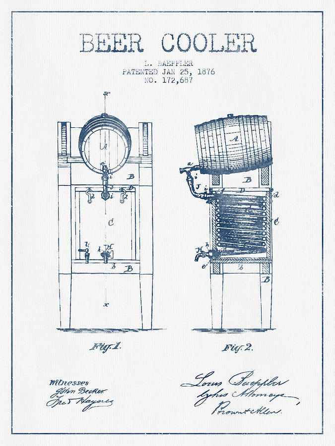 Beer Digital Art - Beer Cooler Patent from 1876 -  Blue Ink by Aged Pixel