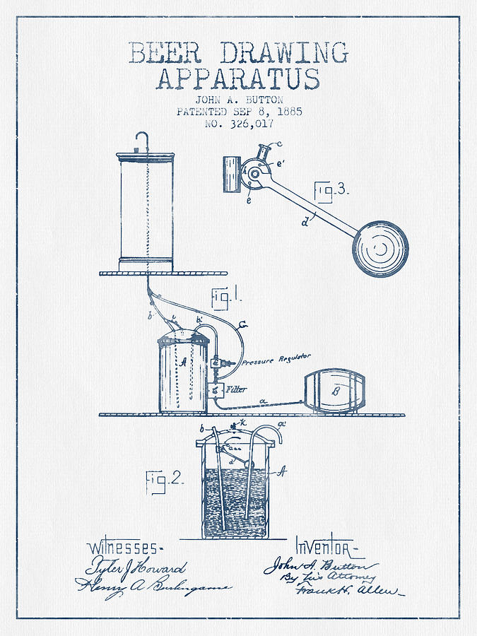 Beer Drawing Apparatus Patent From 1885 -  Blue Ink Digital Art