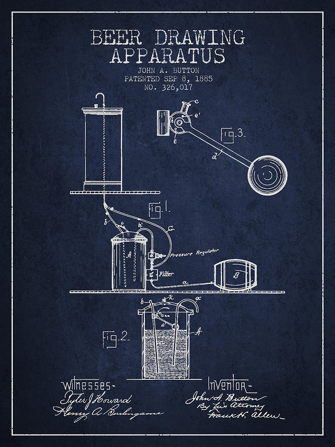 Beer Digital Art - Beer Drawing Apparatus Patent from 1885 - Navy Blue by Aged Pixel