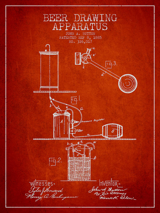 Beer Digital Art - Beer Drawing Apparatus Patent from 1885 - Red by Aged Pixel