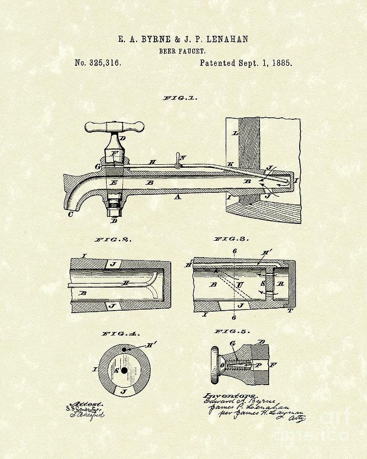Byrne Drawing - Beer Faucet 1885 Patent Art by Prior Art Design