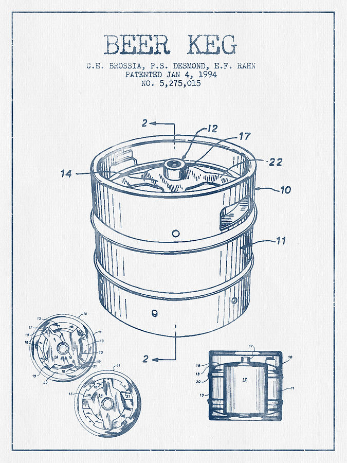 Beer Keg Patent Drawing -  Blue Ink Digital Art