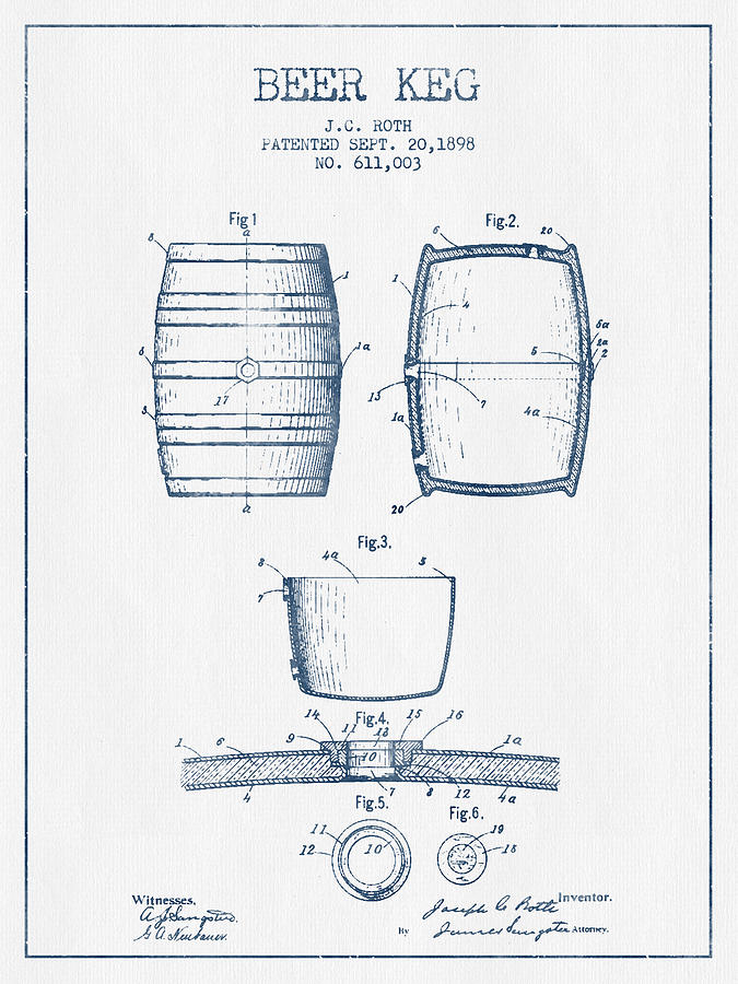 Beer Keg Patent Drawing From 1898 -  Blue Ink Digital Art
