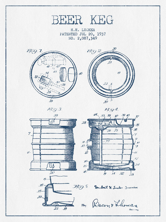Beer Digital Art - Beer Keg Patent Drawing from 1937  -  Blue Ink by Aged Pixel