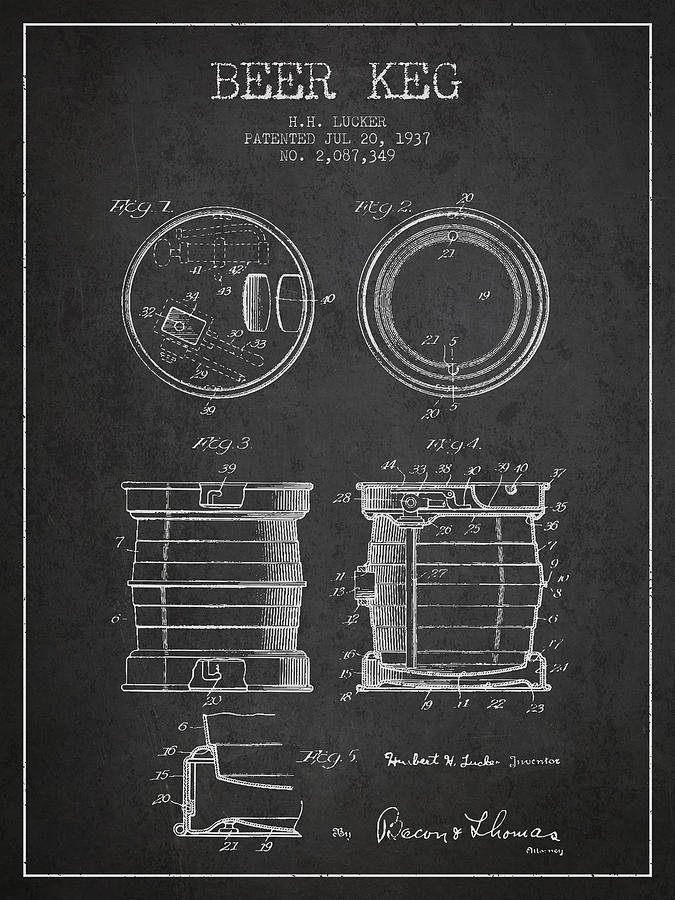 Beer Keg Patent Drawing From 1937 - Dark Digital Art