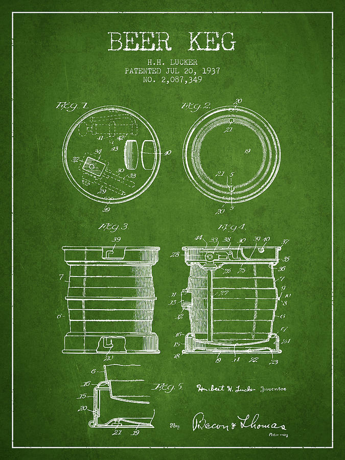 Beer Keg Patent Drawing From 1937 - Green Digital Art