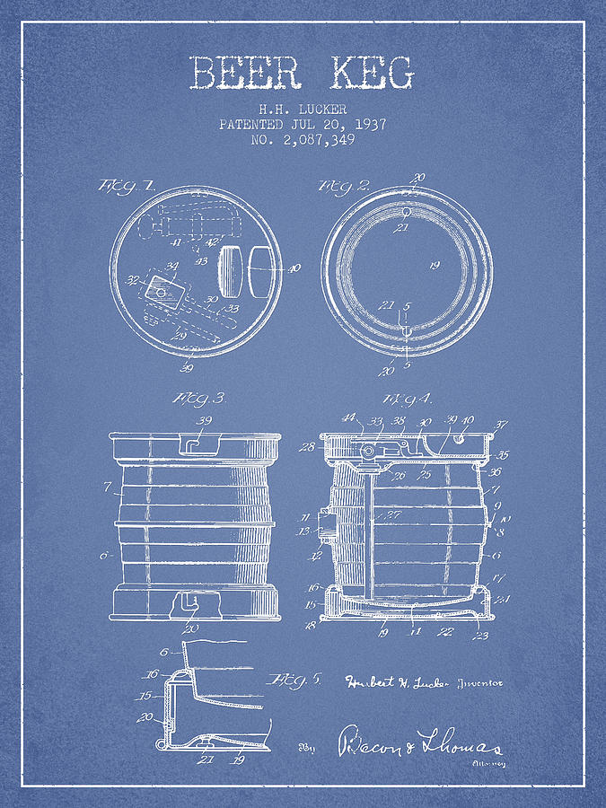 Beer Digital Art - Beer Keg Patent Drawing from 1937 - Light Blue by Aged Pixel
