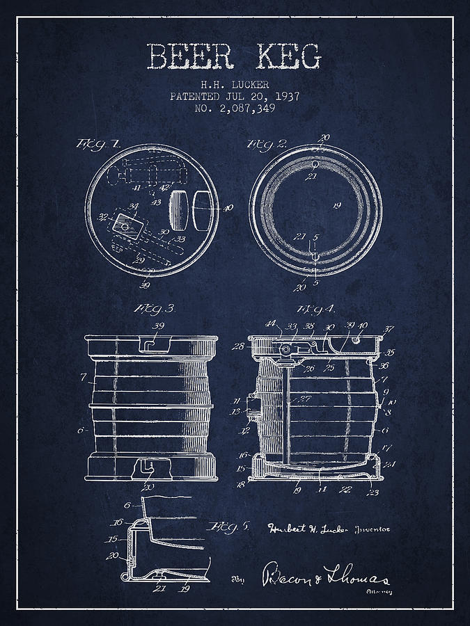 Beer Keg Patent Drawing From 1937 - Navy Blue Digital Art