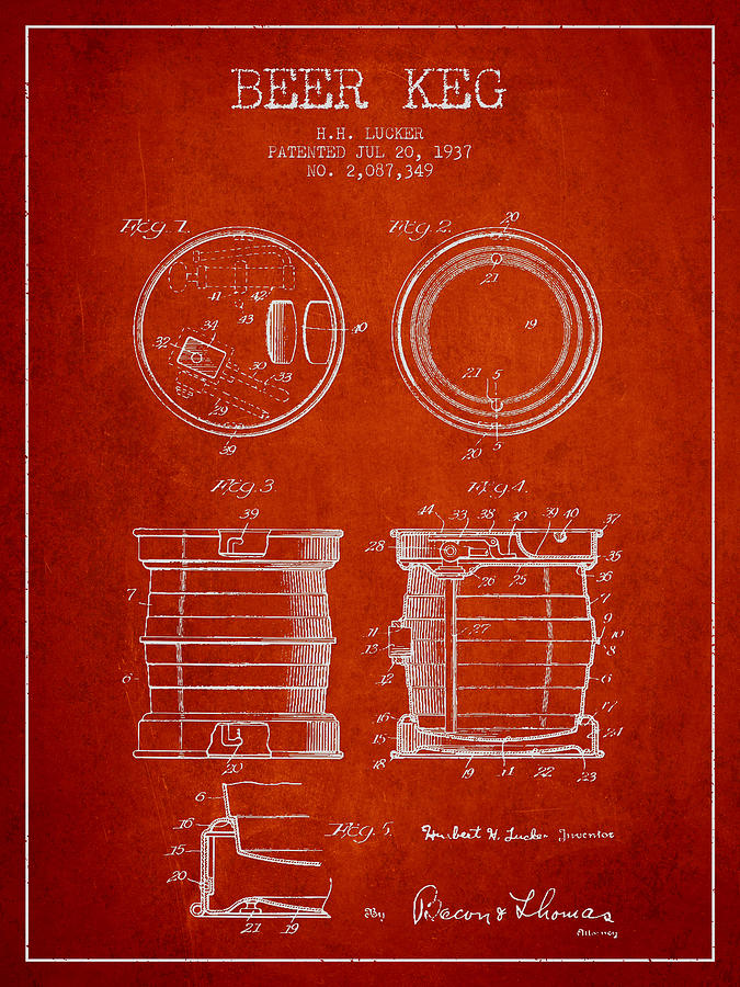Beer Keg Patent Drawing From 1937 - Red Digital Art
