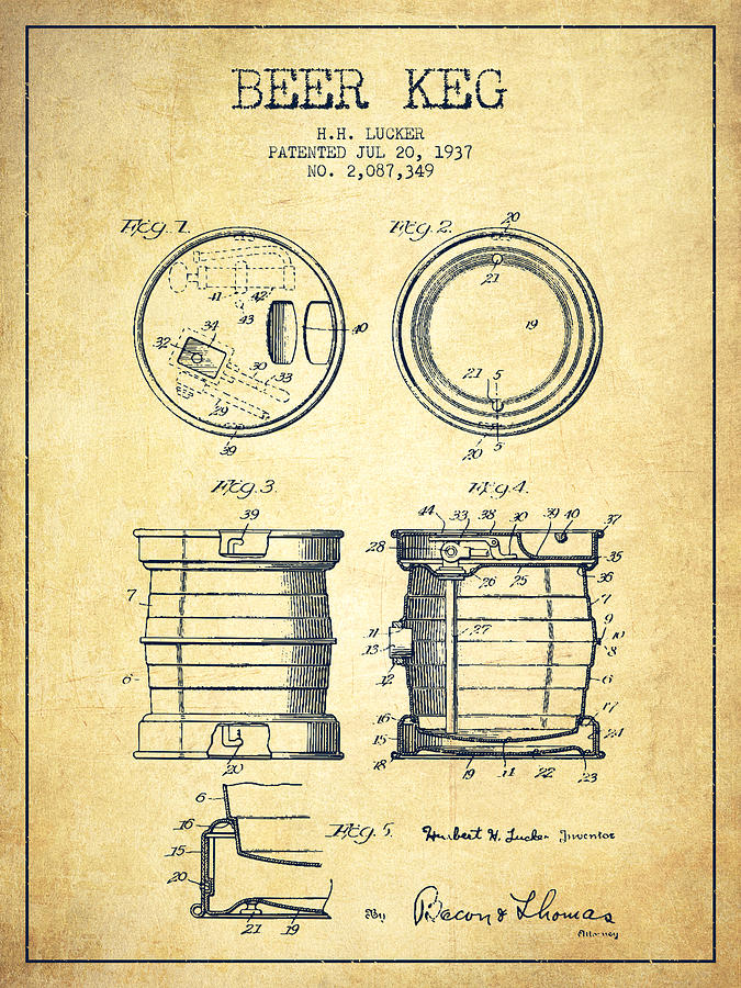 Beer Digital Art - Beer Keg Patent Drawing from 1937 - Vintage by Aged Pixel