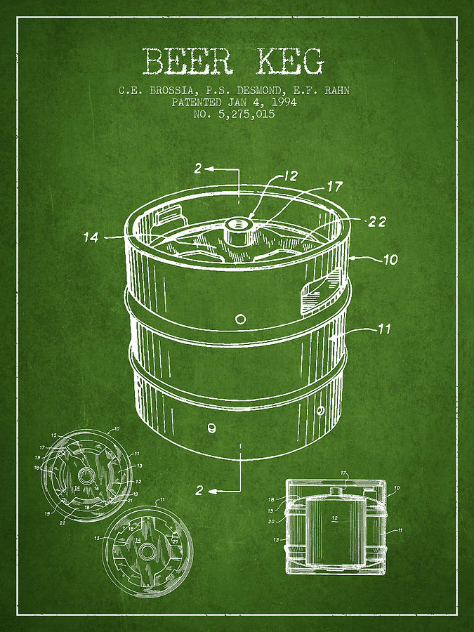 Beer Digital Art - Beer Keg Patent Drawing - Green by Aged Pixel