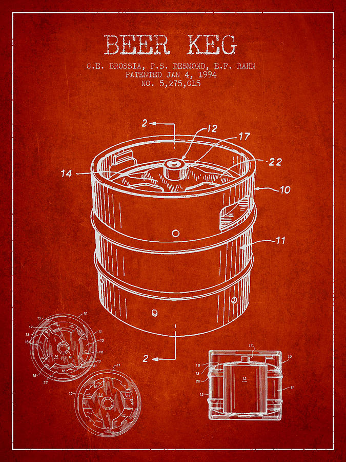 Beer Digital Art - Beer Keg Patent Drawing - Red by Aged Pixel