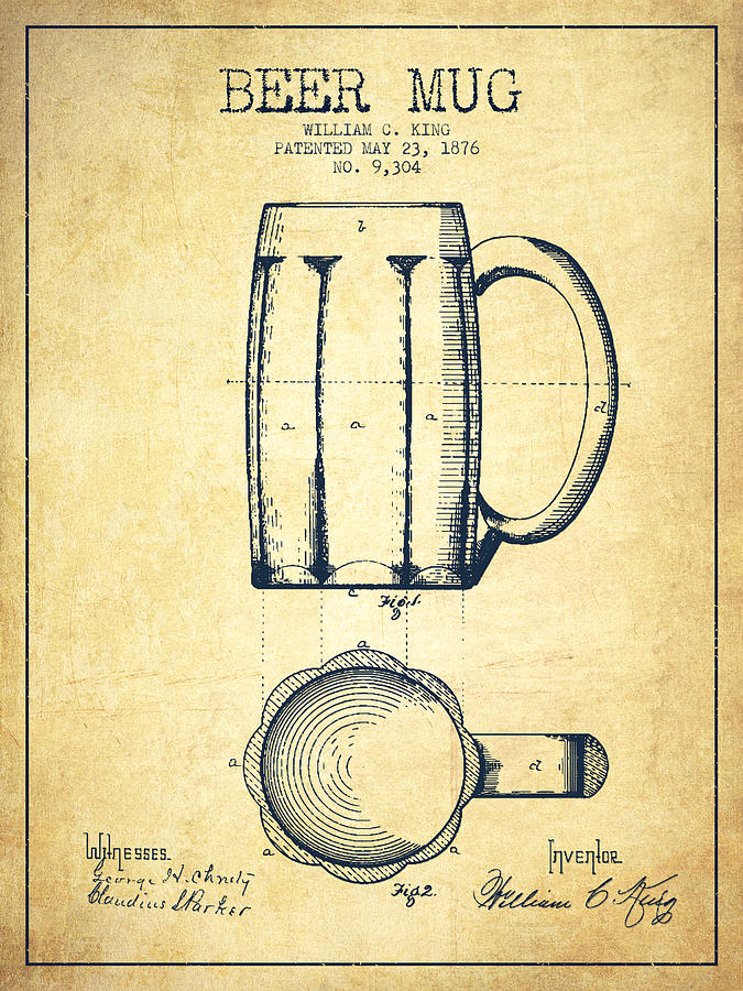 Beer Mug Patent Drawing From 1876 - Vintage Digital Art