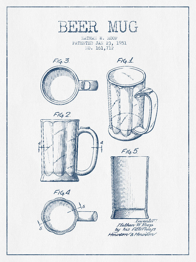 Beer Digital Art - Beer Mug Patent Drawing from 1951 -  Blue Ink by Aged Pixel