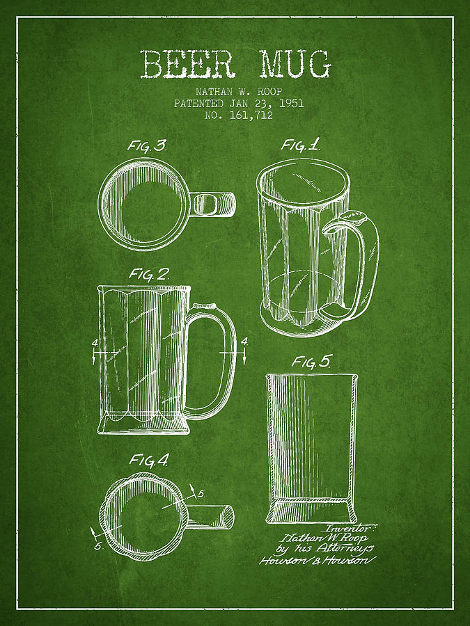 Beer Mug Patent Drawing From 1951 - Green Digital Art