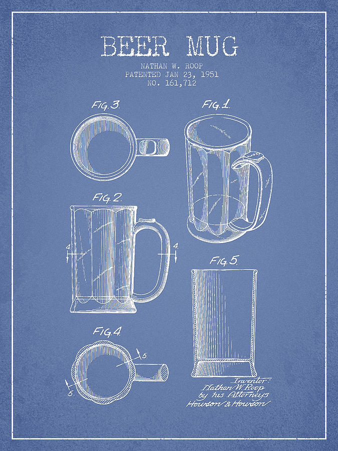 Beer Mug Patent Drawing From 1951 - Light Blue Digital Art