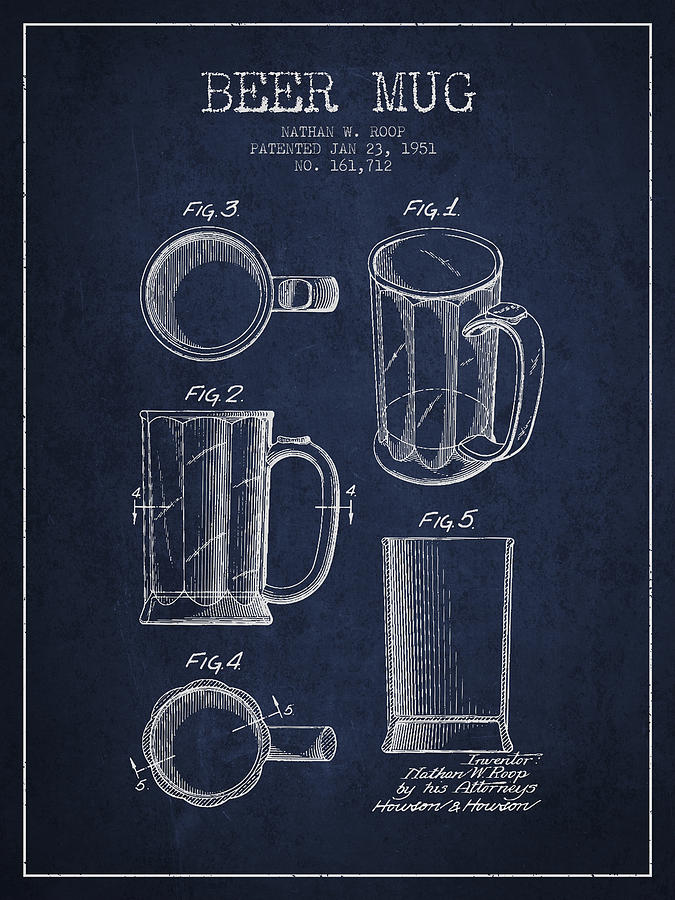 Beer Mug Patent Drawing From 1951 - Navy Blue Digital Art