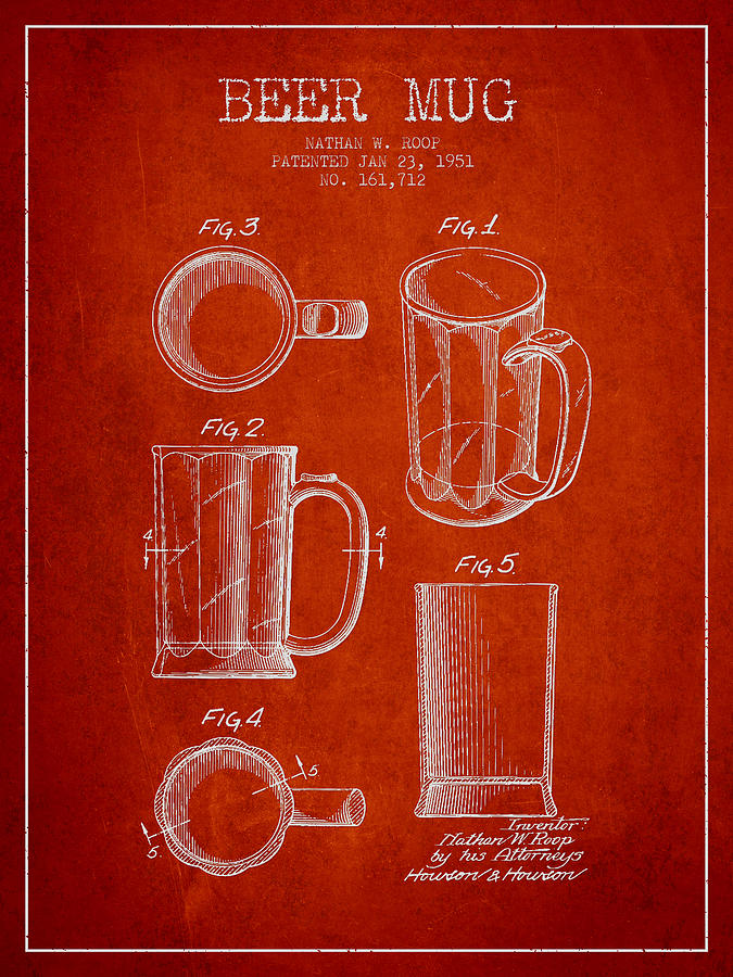 Beer Mug Patent Drawing From 1951 - Red Digital Art