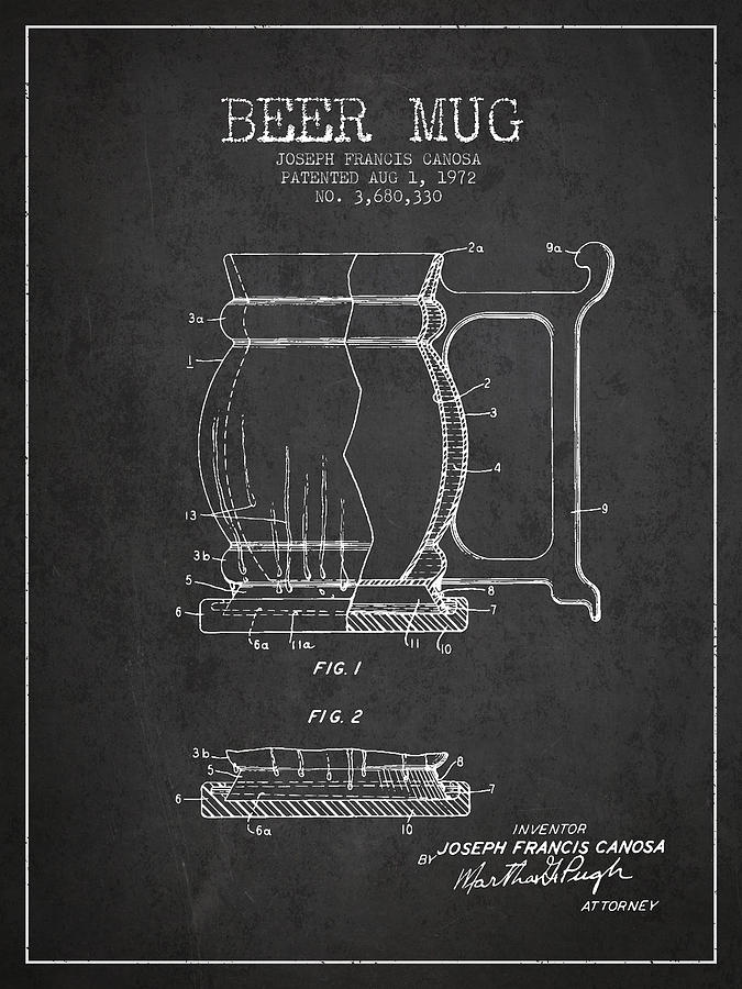 Beer Mug Patent Drawing From 1972 - Dark Digital Art
