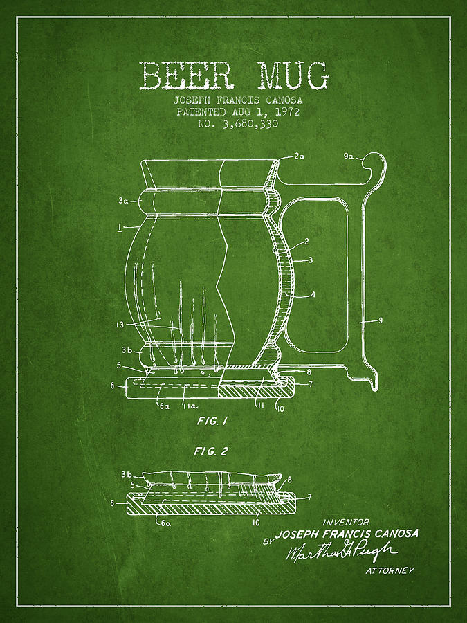 Beer Mug Patent Drawing From 1972 - Green Digital Art