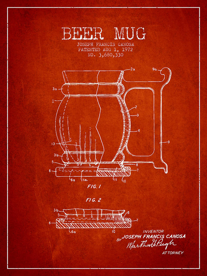 Beer Mug Patent Drawing From 1972 - Red Digital Art