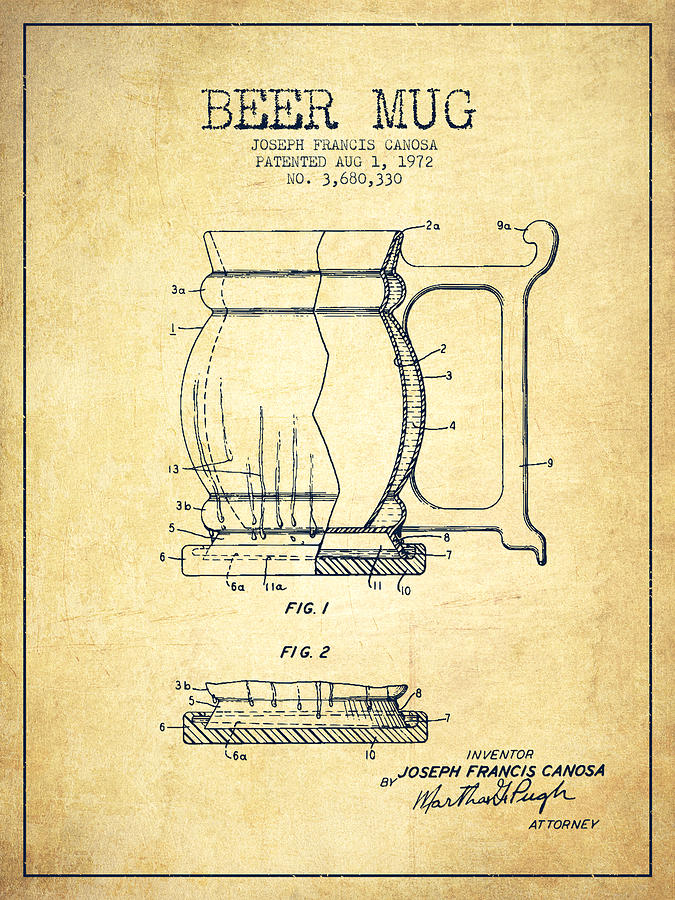 Beer Mug Patent Drawing From 1972 - Vintage Digital Art