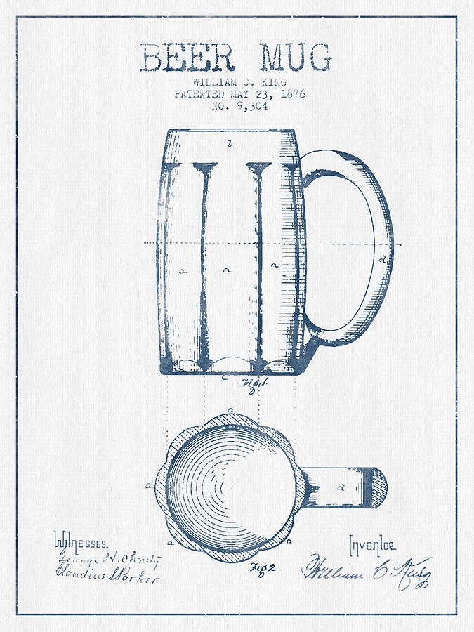 Beer Digital Art - Beer Mug Patent from 1876 -  Blue Ink by Aged Pixel