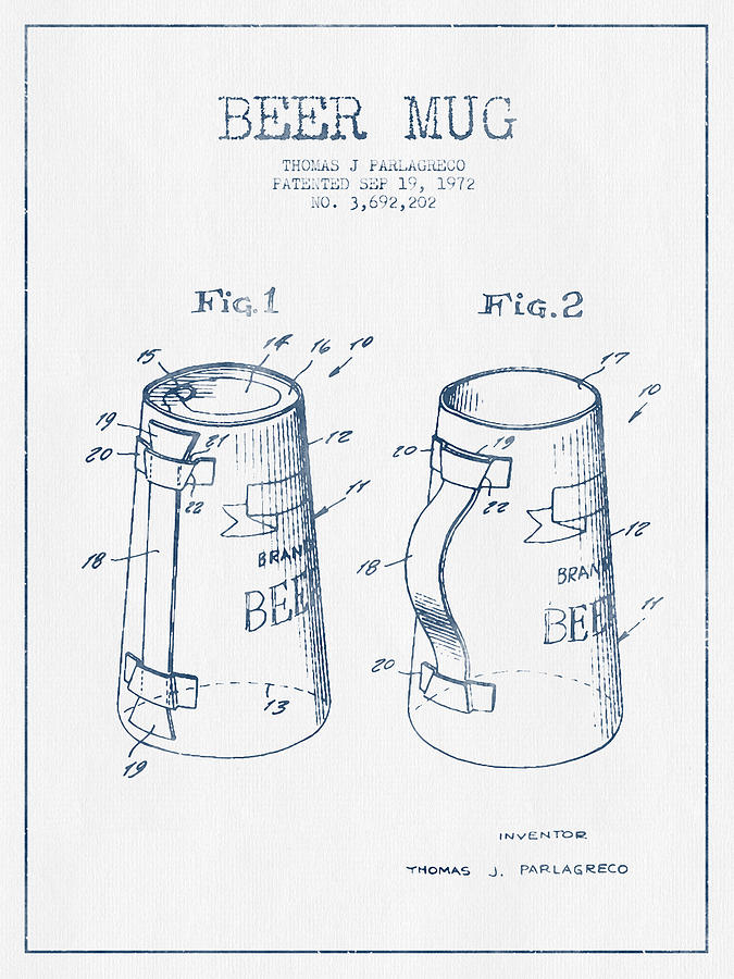 Beer Digital Art - Beer Mug Patent from 1972  -  Blue Ink by Aged Pixel