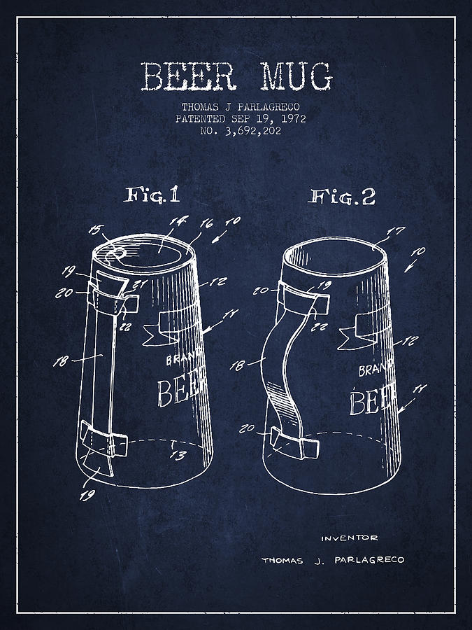 Beer Mug Patent From 1972 - Navy Blue Digital Art