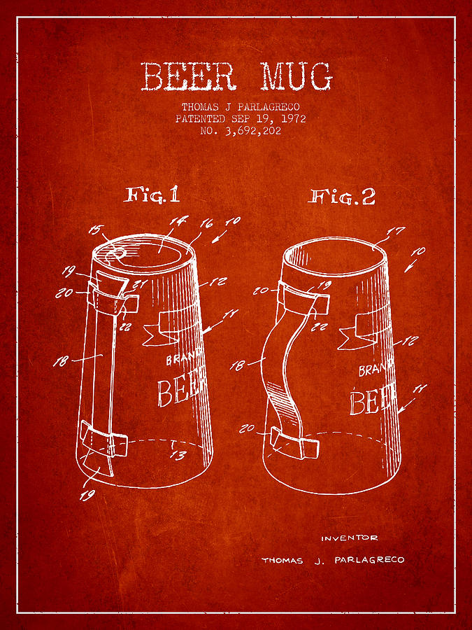 Beer Mug Patent From 1972 - Red Digital Art