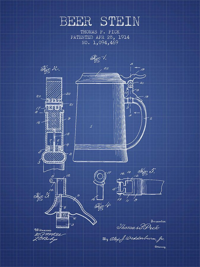 Beer Stein Patent 1914 - Blueprint Digital Art