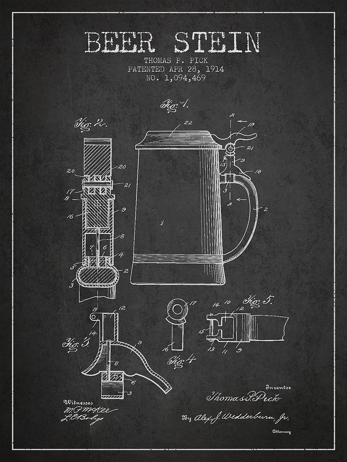 Beer Digital Art - Beer Stein Patent from 1914 - Dark by Aged Pixel