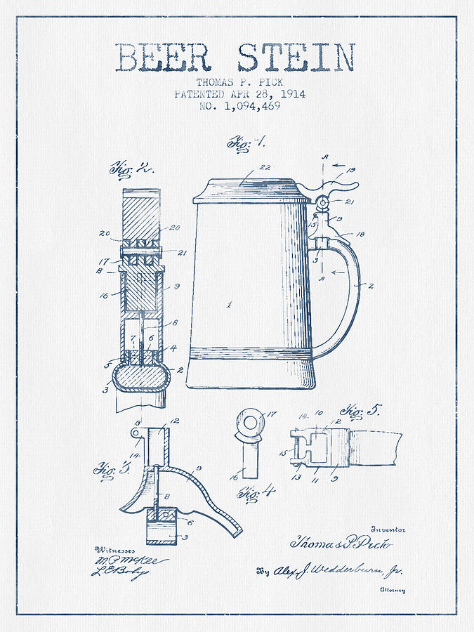 Beer Digital Art - Beer Stein Patent from 1914 -  Blue Ink by Aged Pixel