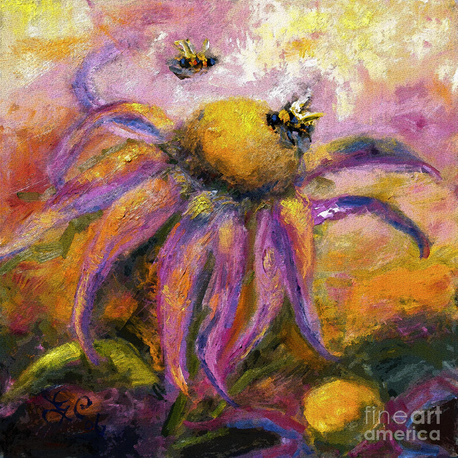 Bees on Purple Coneflower Blossoms Painting by Ginette Callaway