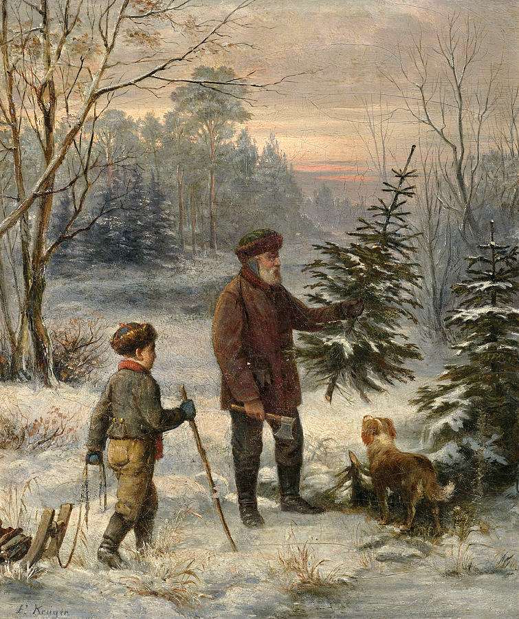 Before Christmas. Father and son with their dog collecting a tree in the forest Painting by Franz Krueger