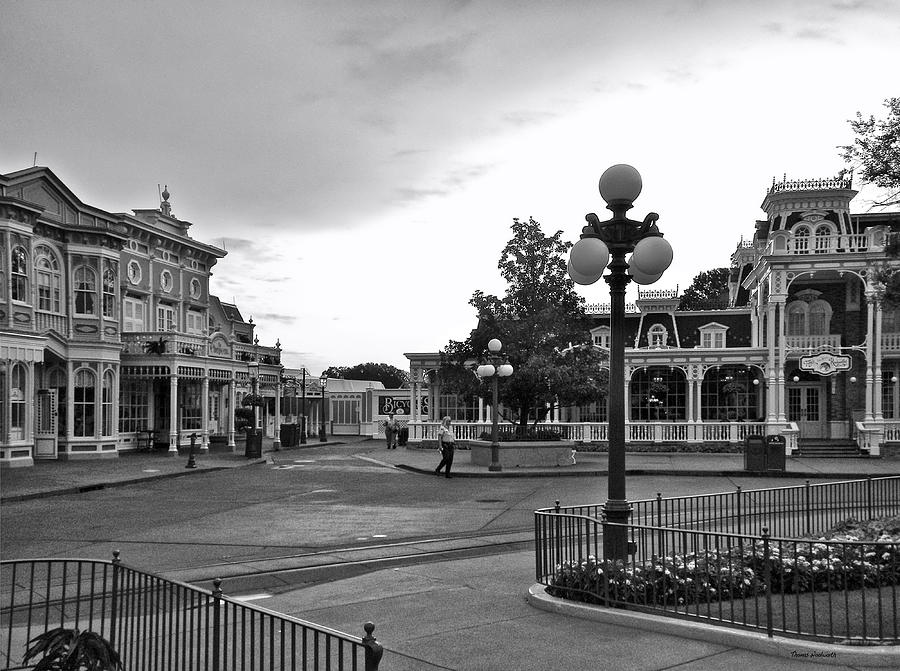 Black And White Photograph - Before The Gates Open Black and White Magic Kingdom Walt Disney World by Thomas Woolworth