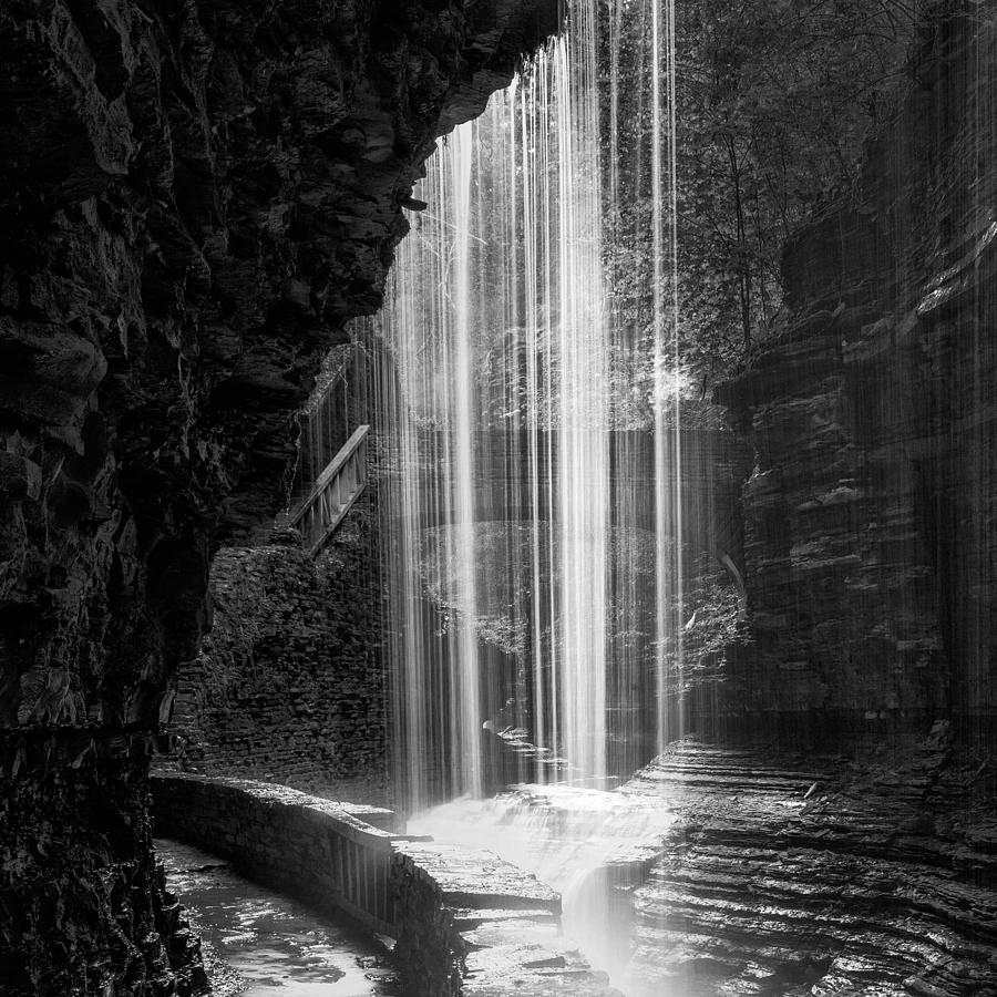 Behind The Falls Black And White Square Photograph by Bill Wakeley