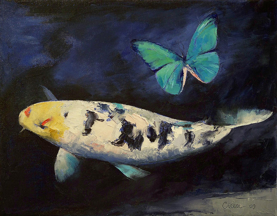 Bekko Koi and Butterfly Painting by Michael Creese