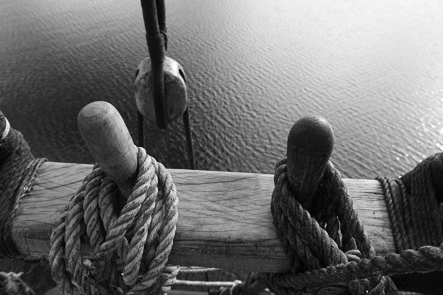 Belaying pins and calm sea - monochrome Photograph by Ulrich Kunst And Bettina Scheidulin