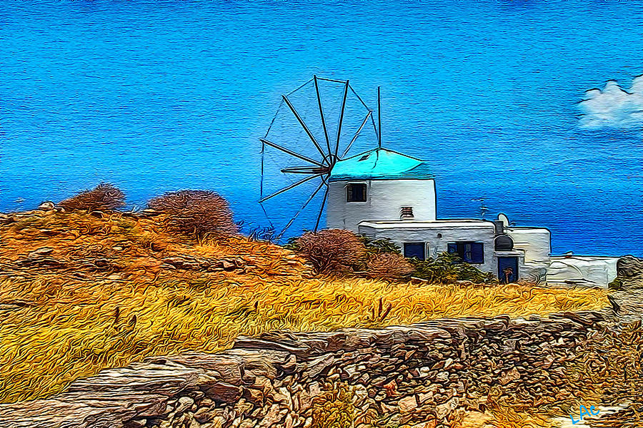 Greek Island Painting - Bella Vista Windmill by Doggy Lips
