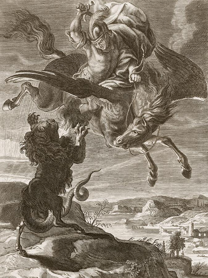 Pegasus Drawing - Bellerophon Fights The Chimaera, 1731 by Bernard Picart