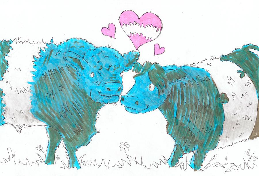 Belted Galloway Cows Cartoon Drawing by Mike Jory
