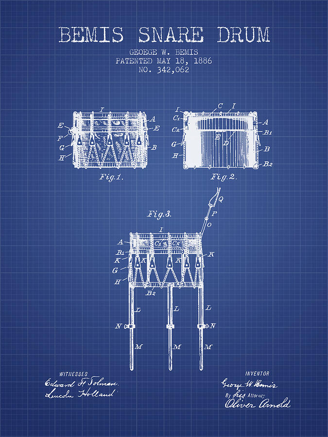 Music Digital Art - Bemis Snare Drum Patent from 1886 - Blueprint by Aged Pixel