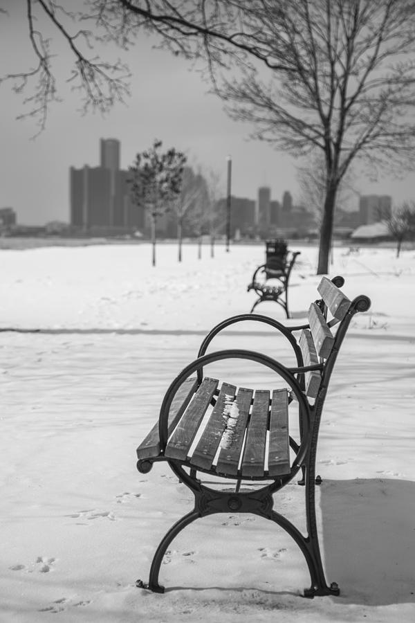 Bench at Belle Isle with Detroit i Photograph by John McGraw