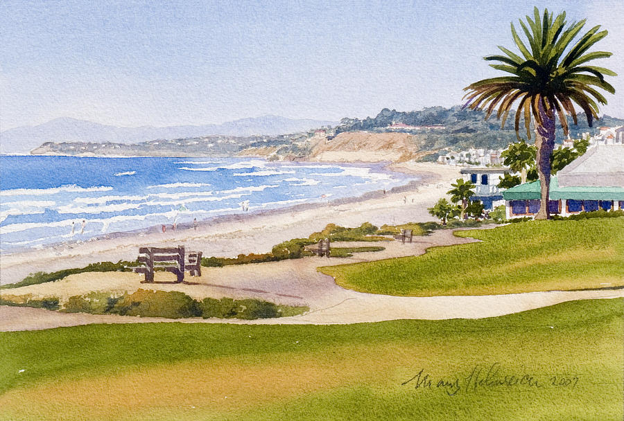 Pacific Painting - Bench at Powerhouse Beach Del Mar by Mary Helmreich
