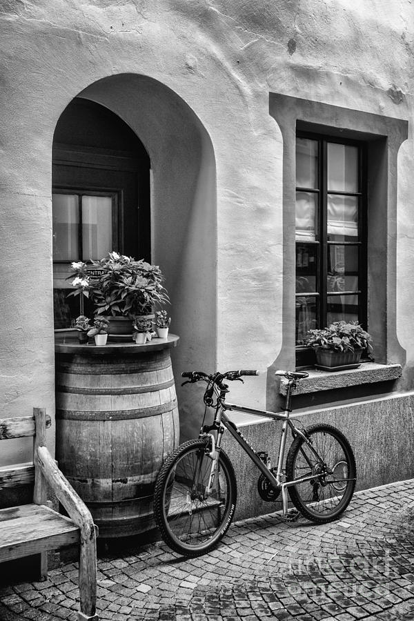 Bench Bike and Barrel BW Photograph by Timothy Hacker