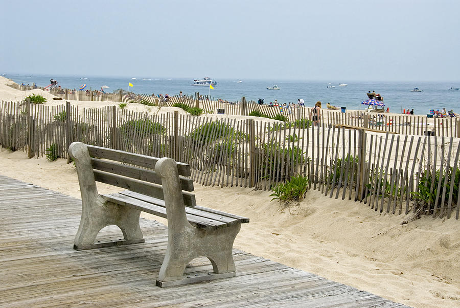 Bench near the beach at New Jersey shore Photograph by iShootPhotosLLC