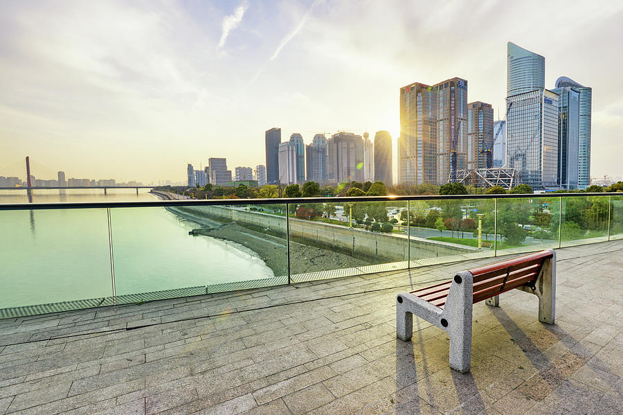 Bench With Cityscape Qianjiang New Town Photograph by Andy Brandl