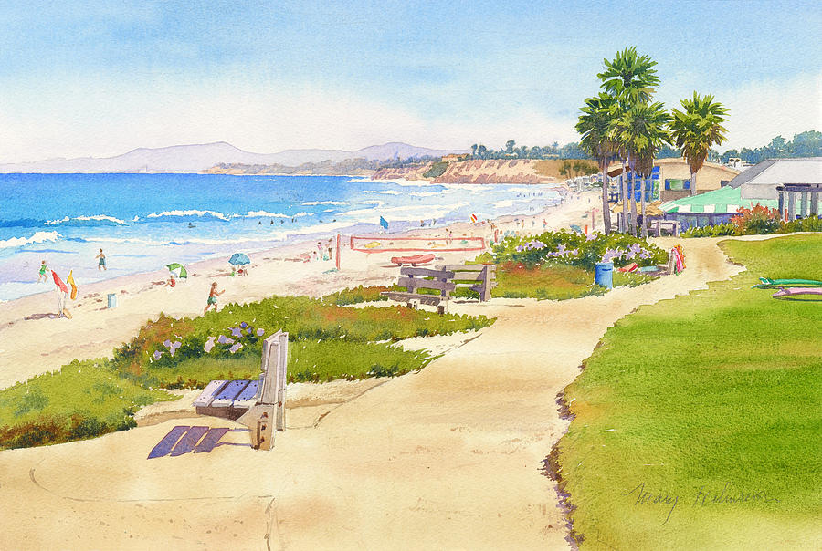 Beach Painting - Benches at Powerhouse Beach Del Mar by Mary Helmreich